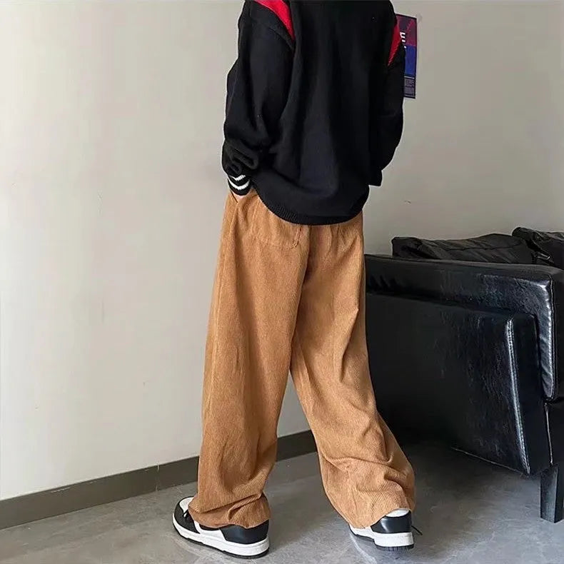 Men's straight leg cotton corduroy trousers in khaki, available in sizes M to 3XL for autumn and winter wear.