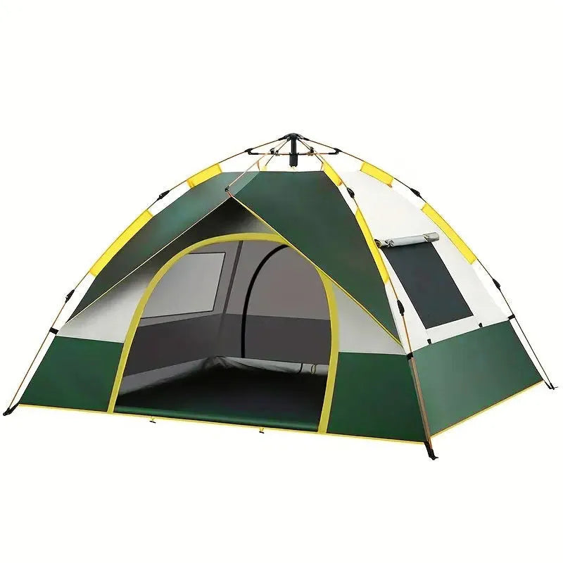 Dark green automatic pop-up camping tent for 3-4 people with silver-coated canopy