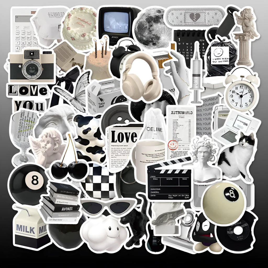 61 black and white PVC waterproof stickers on a sheet for laptops, phones and luggage