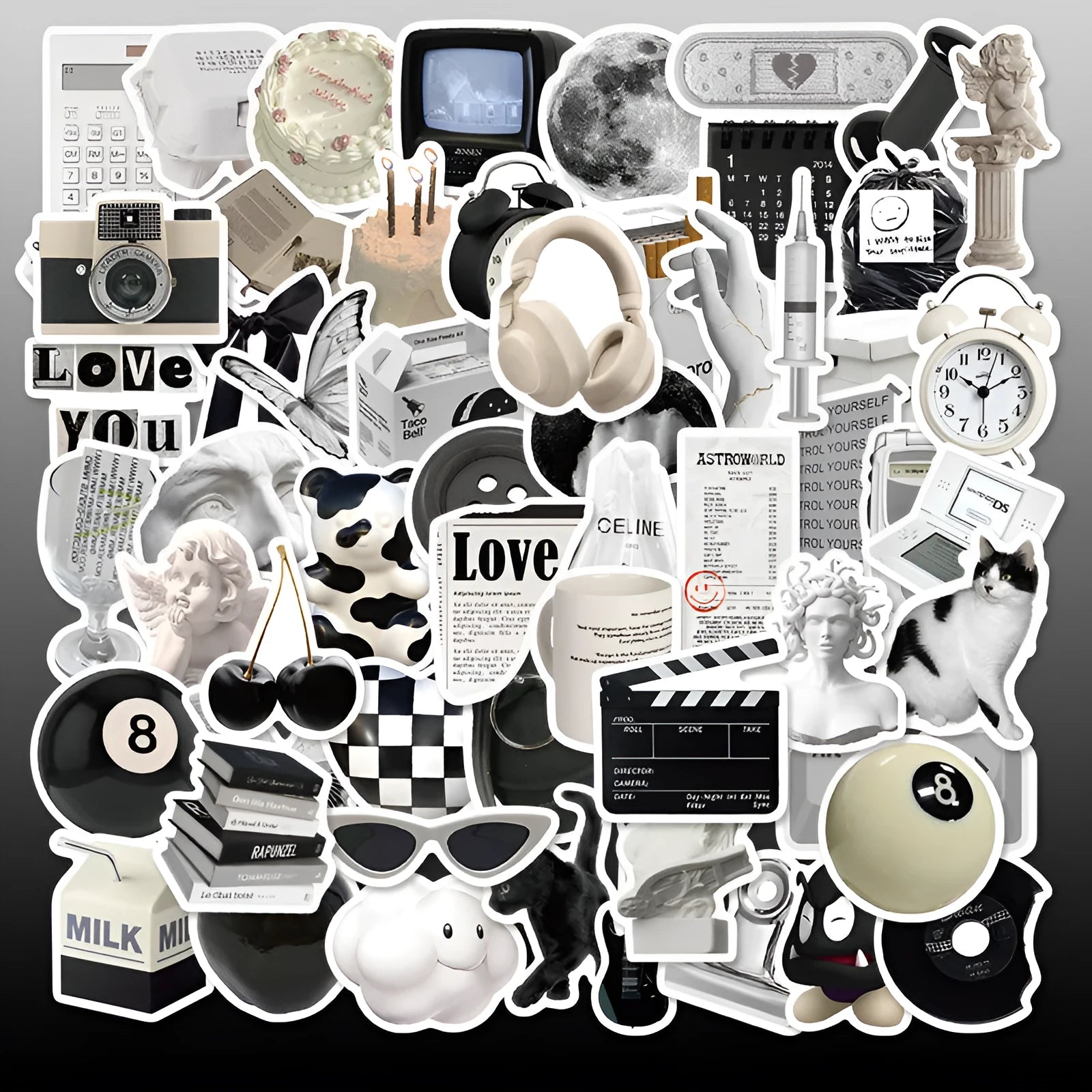 61 black and white PVC waterproof stickers on a sheet for laptops, phones and luggage