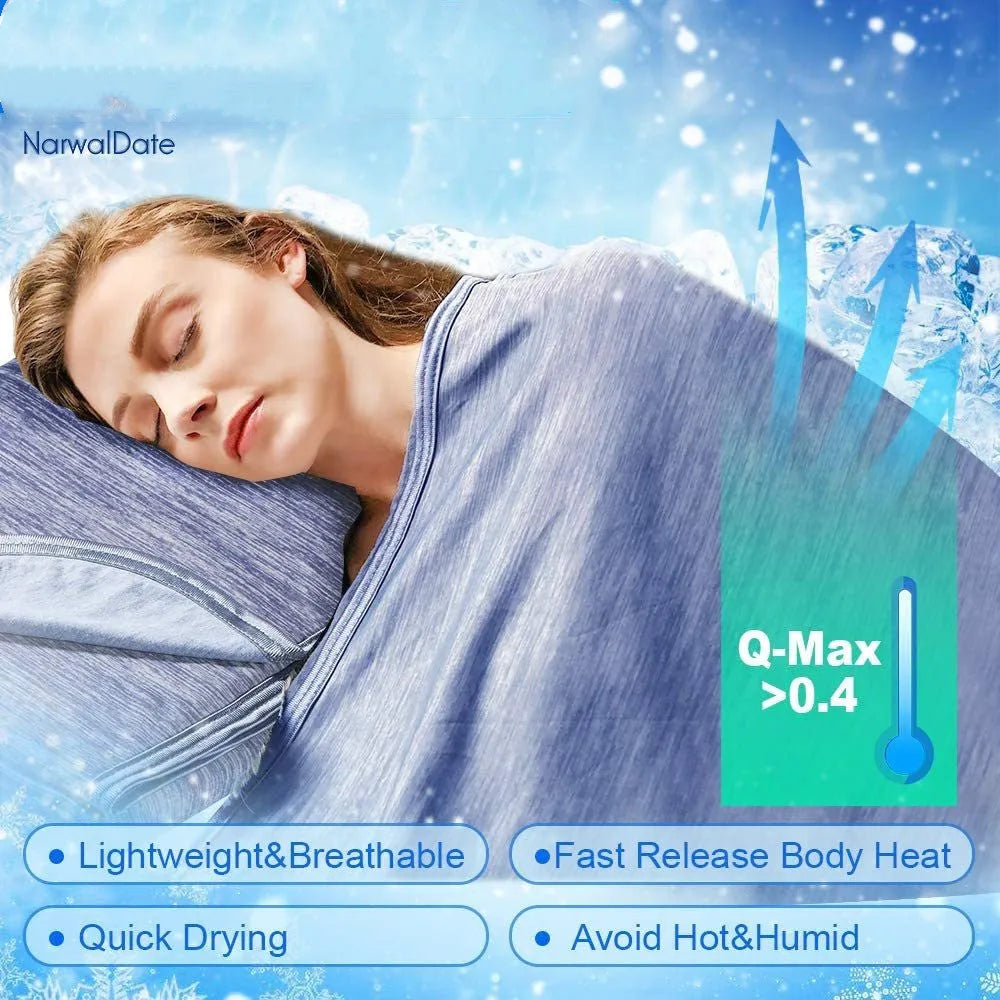Blue cooling blanket with Q-Max 0.4 cooling fibers, polyester fabric, folded on a bed
