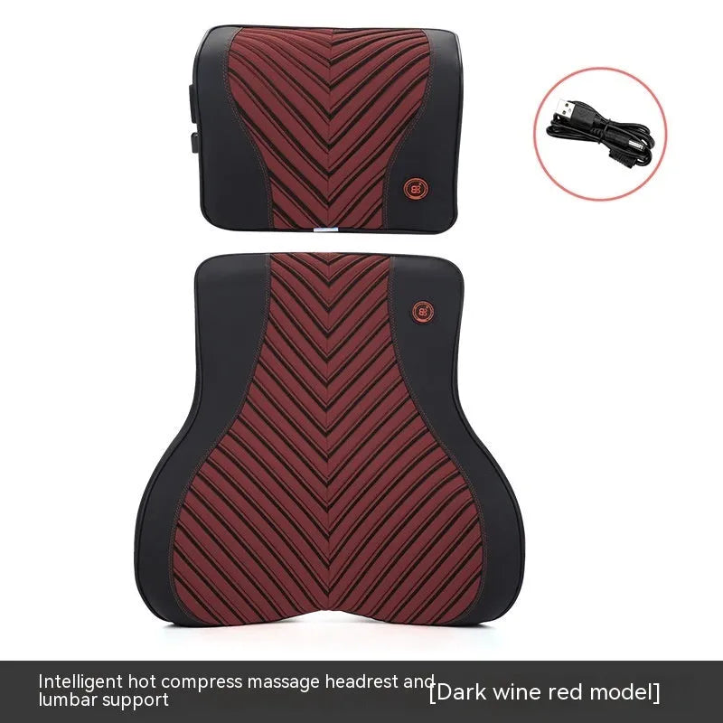 Car electric massage heating headrest lumbar support pillow with memory foam in black and orange