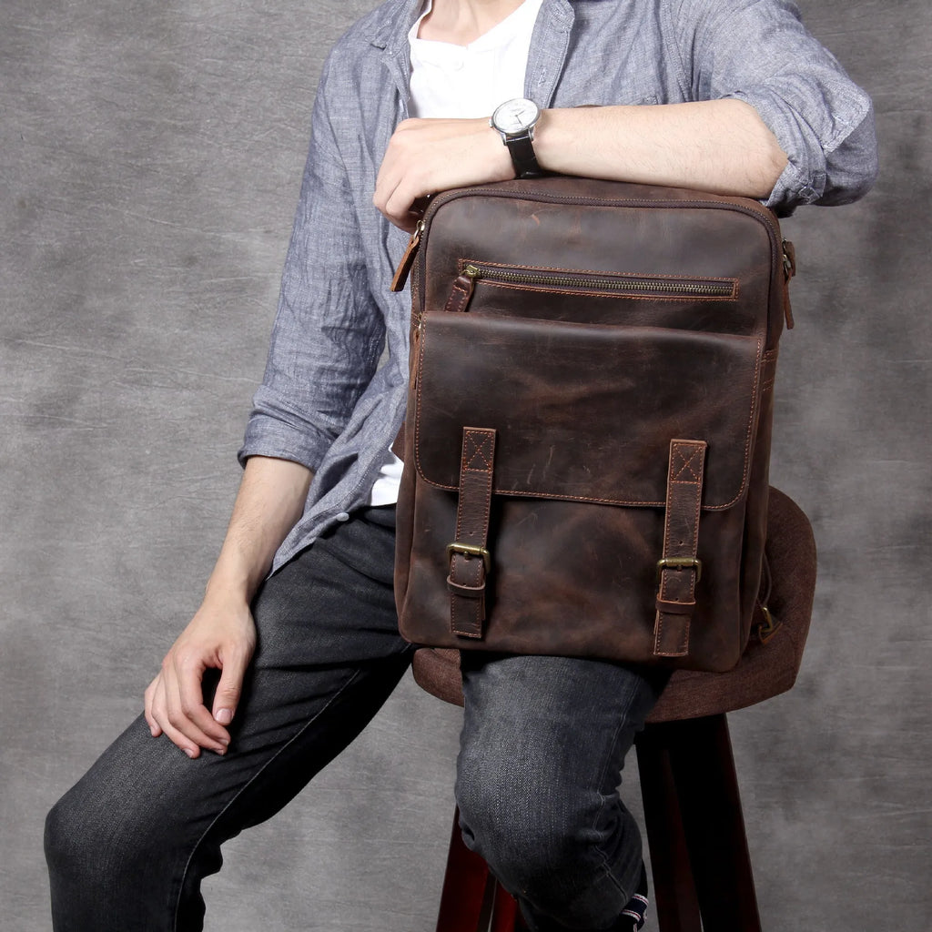Retro crazy horse leather backpack first layer cowhide dark coffee colour with multiple pockets