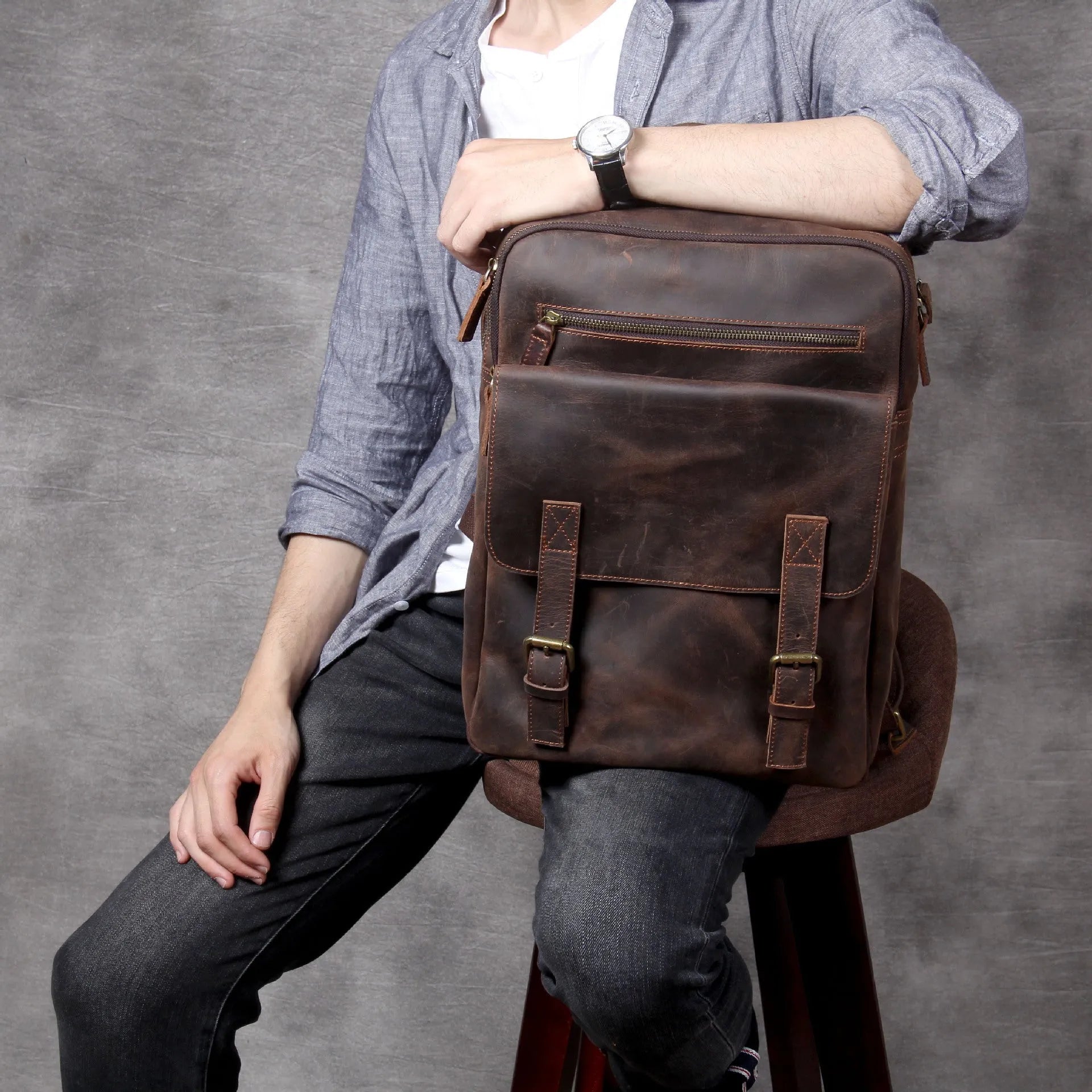 Retro crazy horse leather backpack first layer cowhide dark coffee colour with multiple pockets