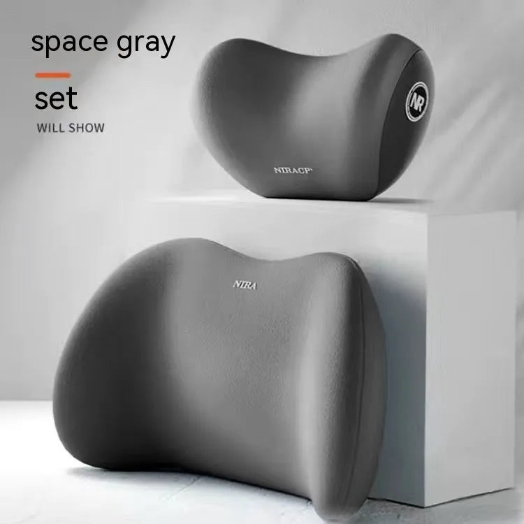 Car headrest and lumbar support pillow set with memory foam and milk silk cover in black