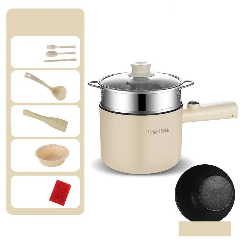 Mini hot pot electric cooker in green with stainless steel body, non-stick pot, and steam grid option for portable cooking