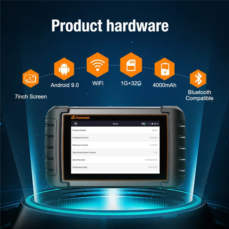 NT809 automotive full system diagnostic scanner with OBDII adapter and diagnostic cable on a workbench