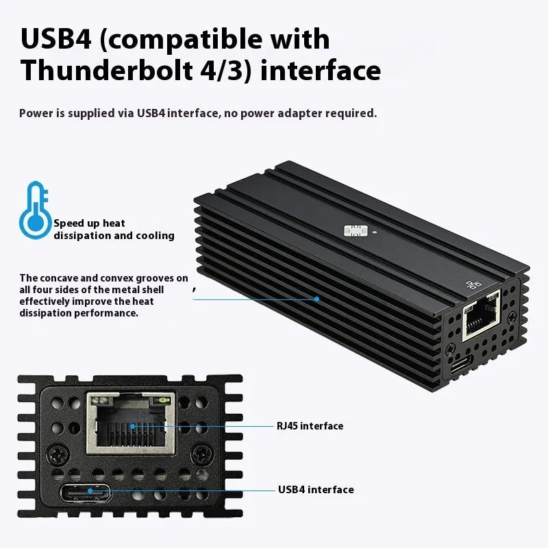 Black Leyu USB4 to RJ45 10 Gigabit Ethernet network adapter with 20cm cable