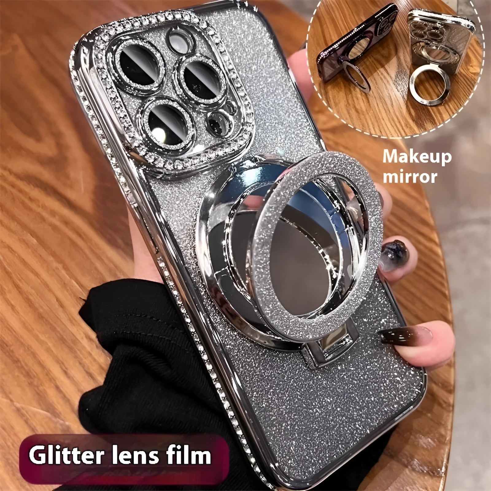 Gradient glitter TPU phone case with fold-out mirror bracket for iPhone, showing reflective electroplated finish