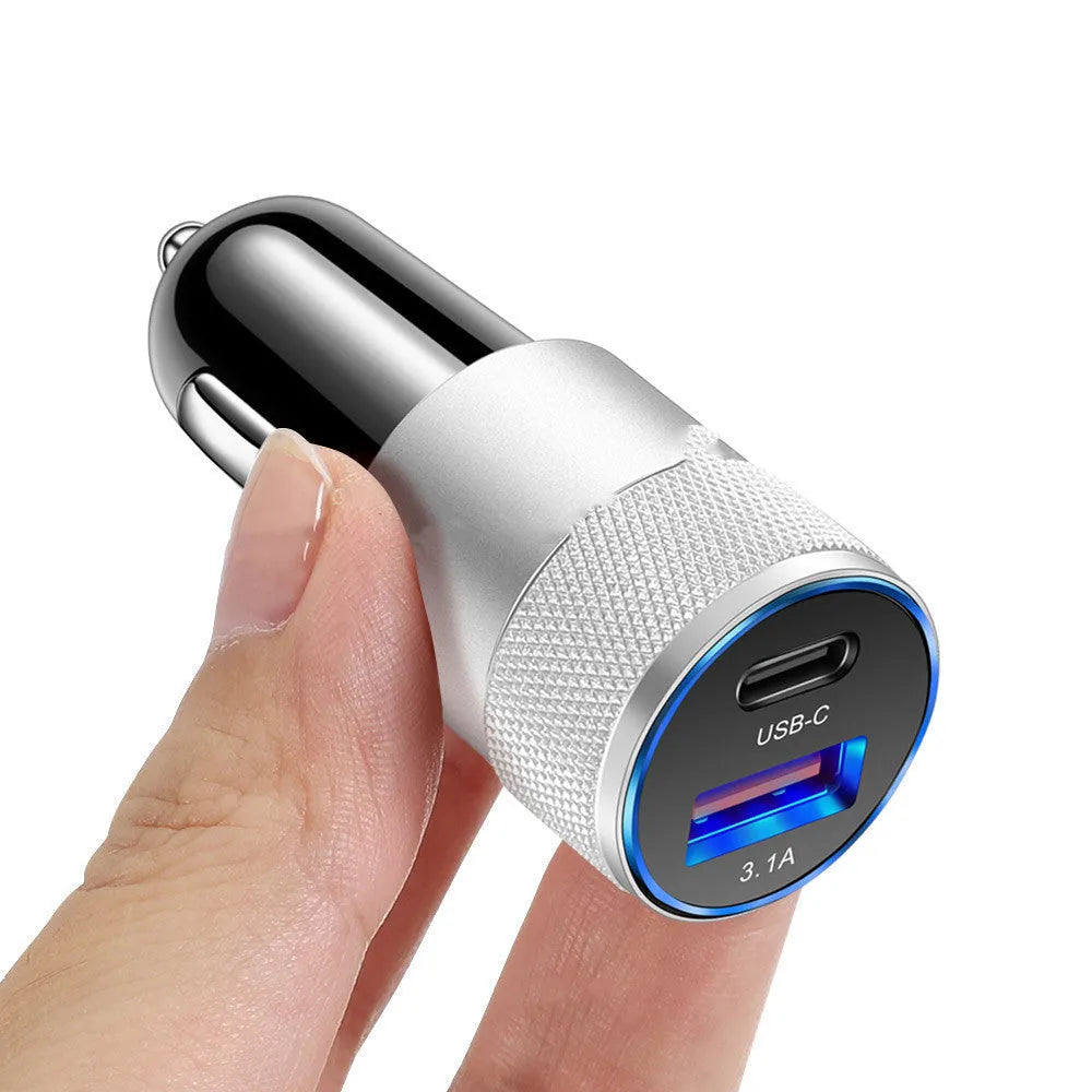 Aluminium alloy mobile phone car charger 12V input 2.5x6cm ABS plastic in Black Silver finish