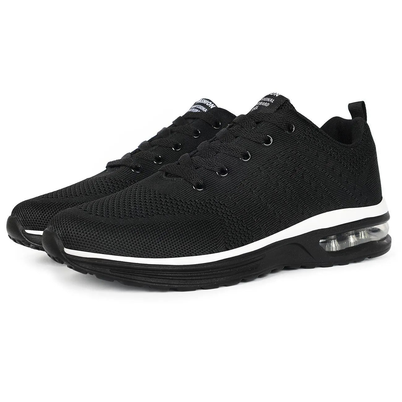 Casual flyknit breathable light running shoes in black with round toe and PU sole
