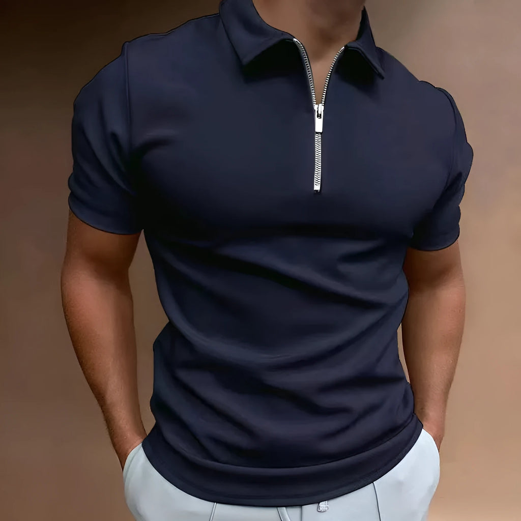 Men's casual short sleeve digital print POLO shirt in navy, loose fit, polyester fabric, front view