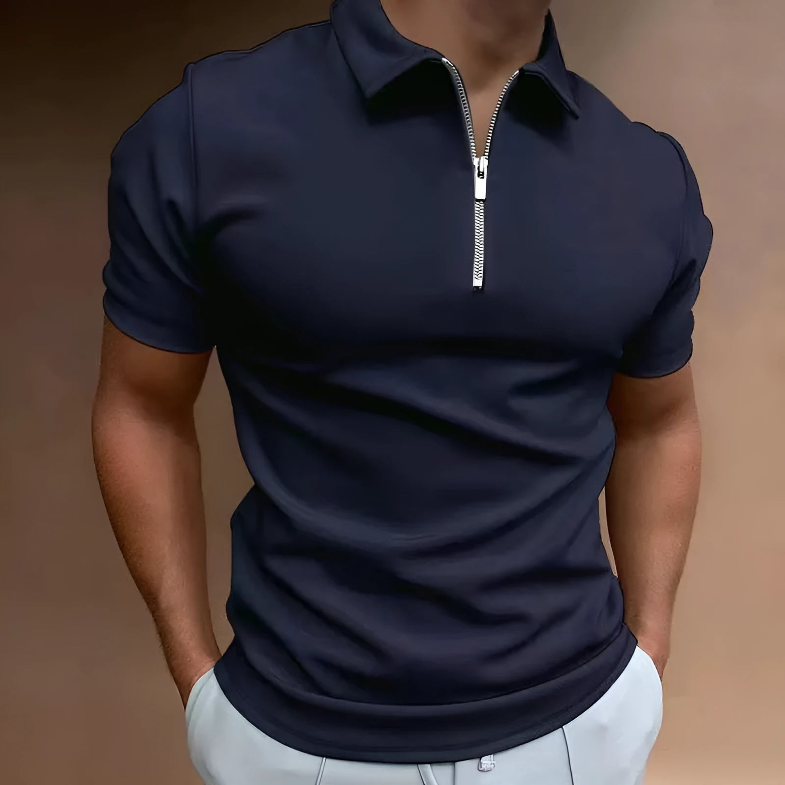 Men's casual short sleeve digital print POLO shirt in navy, loose fit, polyester fabric, front view