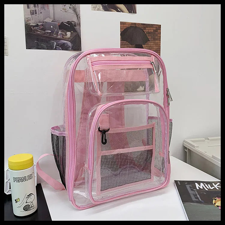Transparent PVC waterproof backpack with inner bag in grey, measuring 30cm by 16cm by 44cm