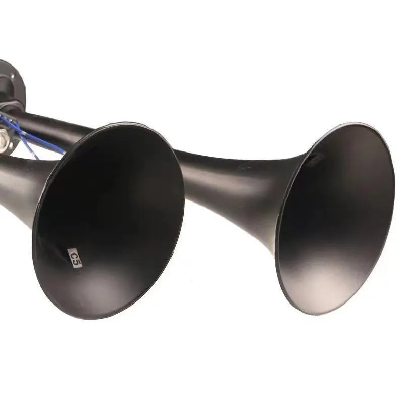 Black dual trumpet 300DB super loud air horn and compressor kit for 12V and 24V vehicles.