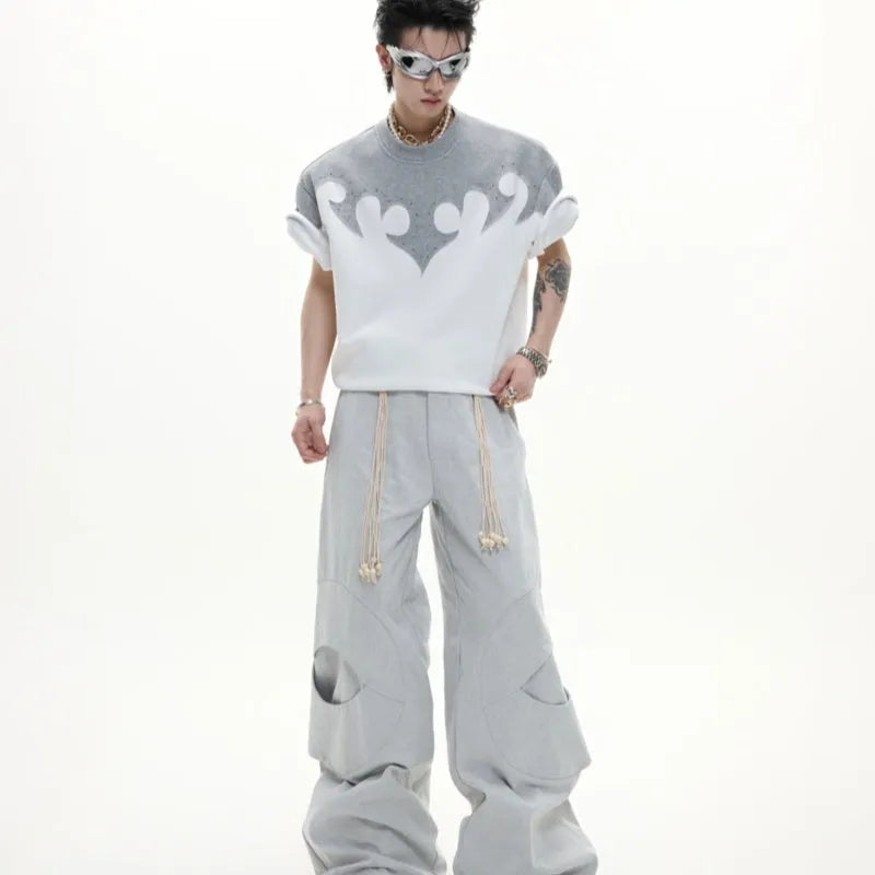 Men's cotton shirt with three-dimensional stitching and burnt flower rhinestone decoration in loose fit