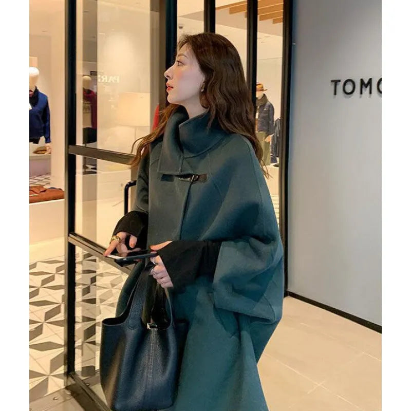 Women's solid colour acrylic flight sleeve long coat in oatmeal, 100cm length, front view