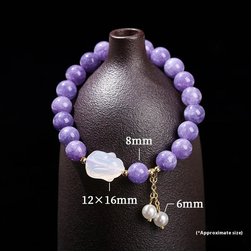 Purple aquamarine chalcedony lychee jelly agate rabbit bracelet, handmade, geometric round beads, women's jewellery
