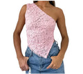 Women's apricot backless sleeveless top with lace trim and asymmetrical sloped neckline.