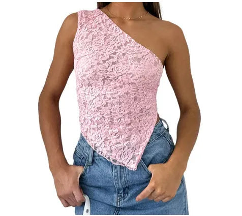 Women's apricot backless sleeveless top with lace trim and asymmetrical sloped neckline.
