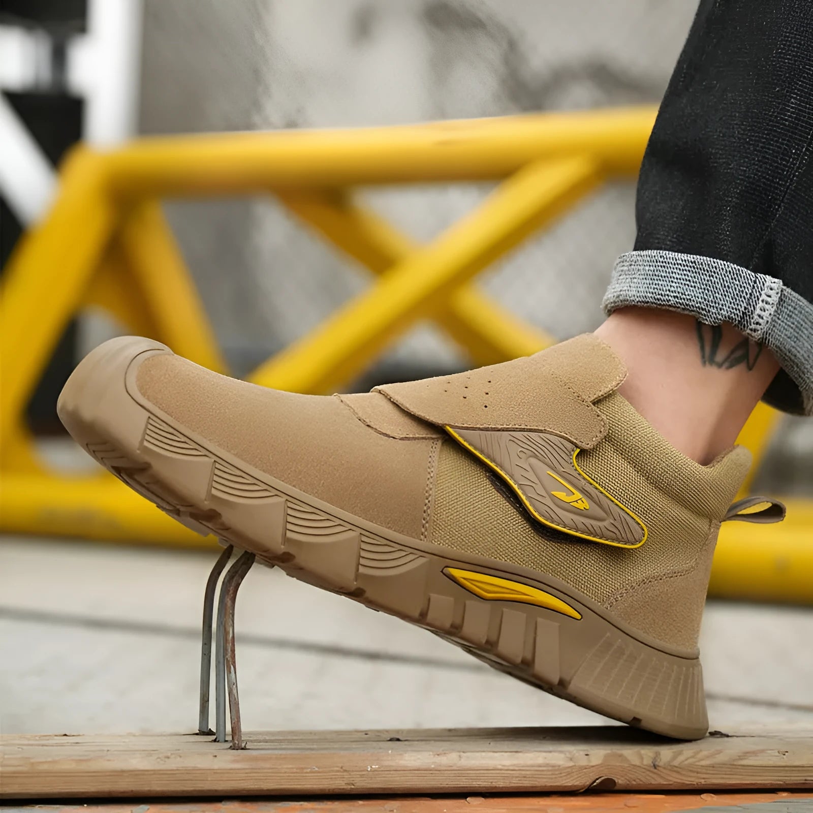 High-top steel toe cap work shoes with anti-penetration sole and front lace-up closure