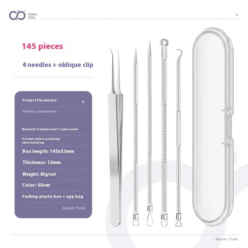 Four silver metal acne needles with ultra-fine points for blackhead removal.
