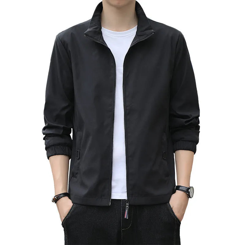 Men's Korean style loose fit autumn jacket with lapel collar and zippered pockets in multiple colours