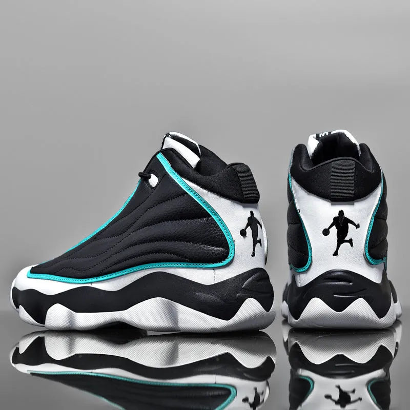 Men's high-top basketball shoes with thick rubber sole and mesh upper in white and red colourway.