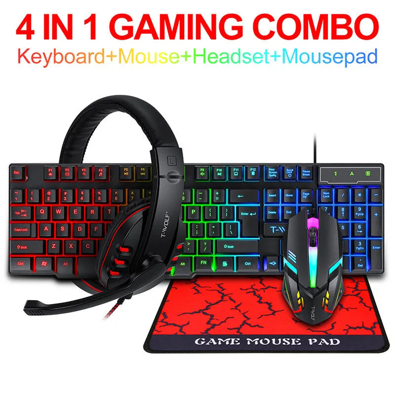 Thunder Wolf T800 wired keyboard, mouse, headset, and mouse pad four-piece computer peripheral set.