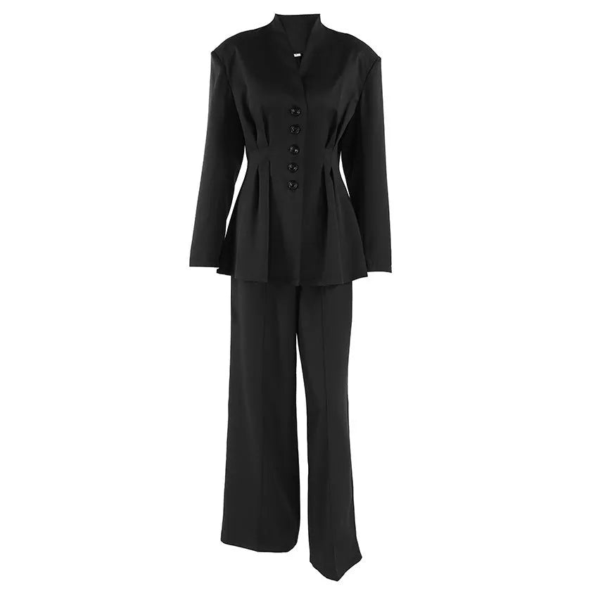Black long sleeve V-neck pleated waist suit jacket and trousers two-piece set for women polyester solid colour