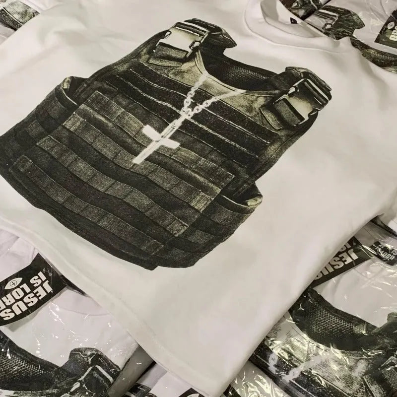 Printed cotton short sleeve t-shirt with retro street style and drop shoulder sleeves