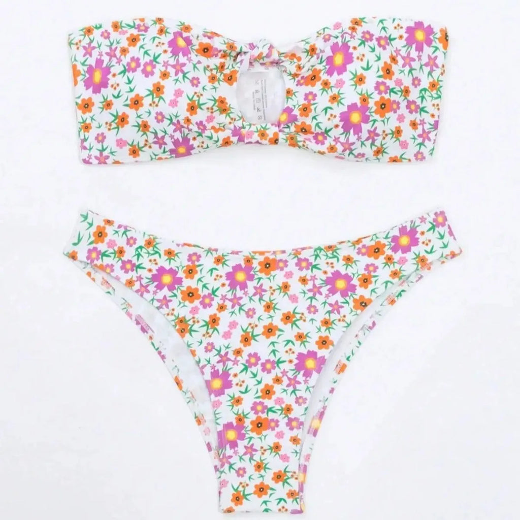New Flower Swimwear sexy split bandeau bikini set in blue flowers pattern, polyester, size S M L, women's swimwear