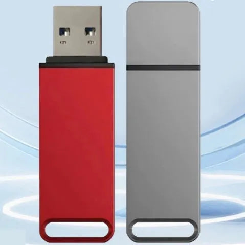 Black, red, and silver metal USB flash drives with custom graphic printing