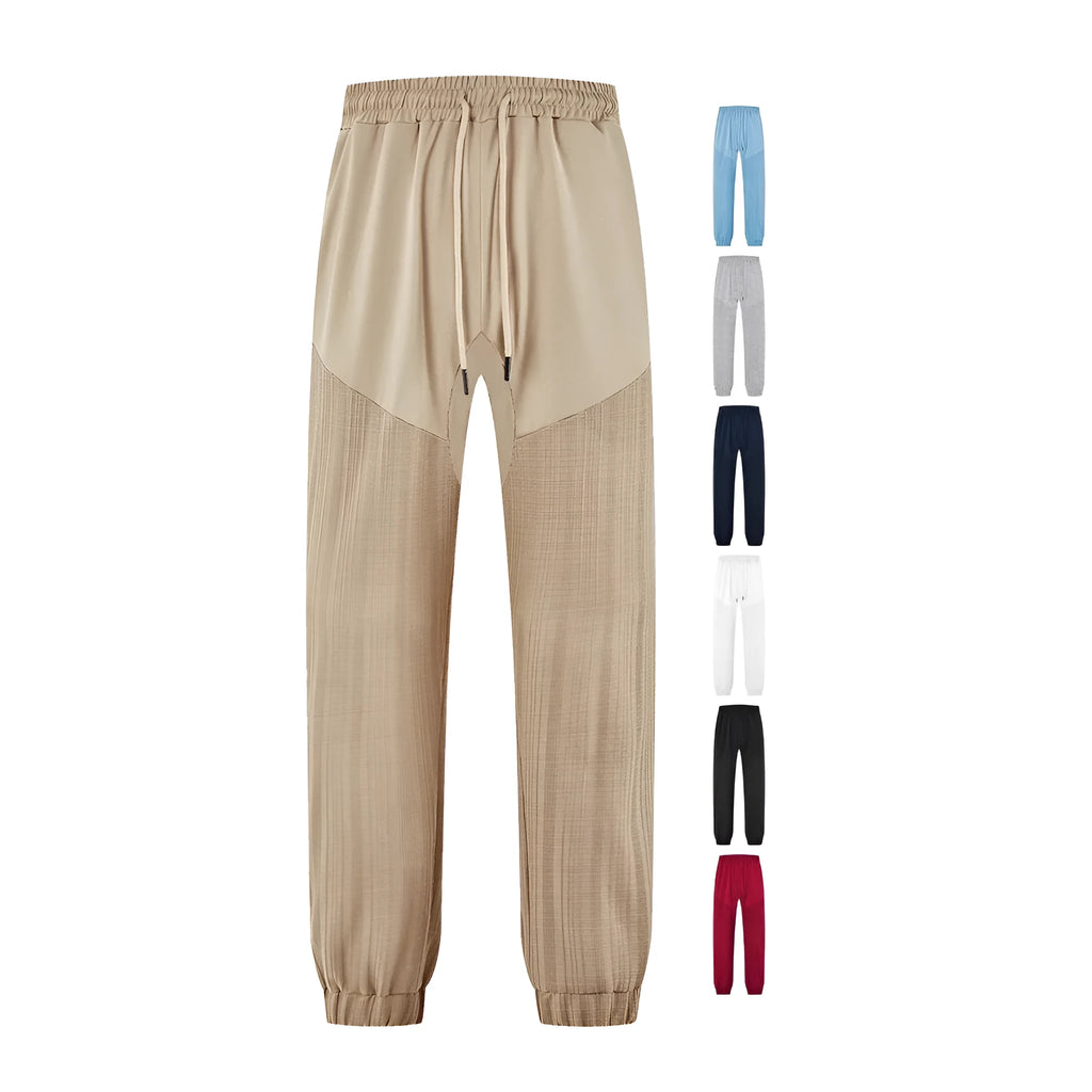 Simple loose thin linen-style sporty drawstring patchwork men's sweatpants in khaki