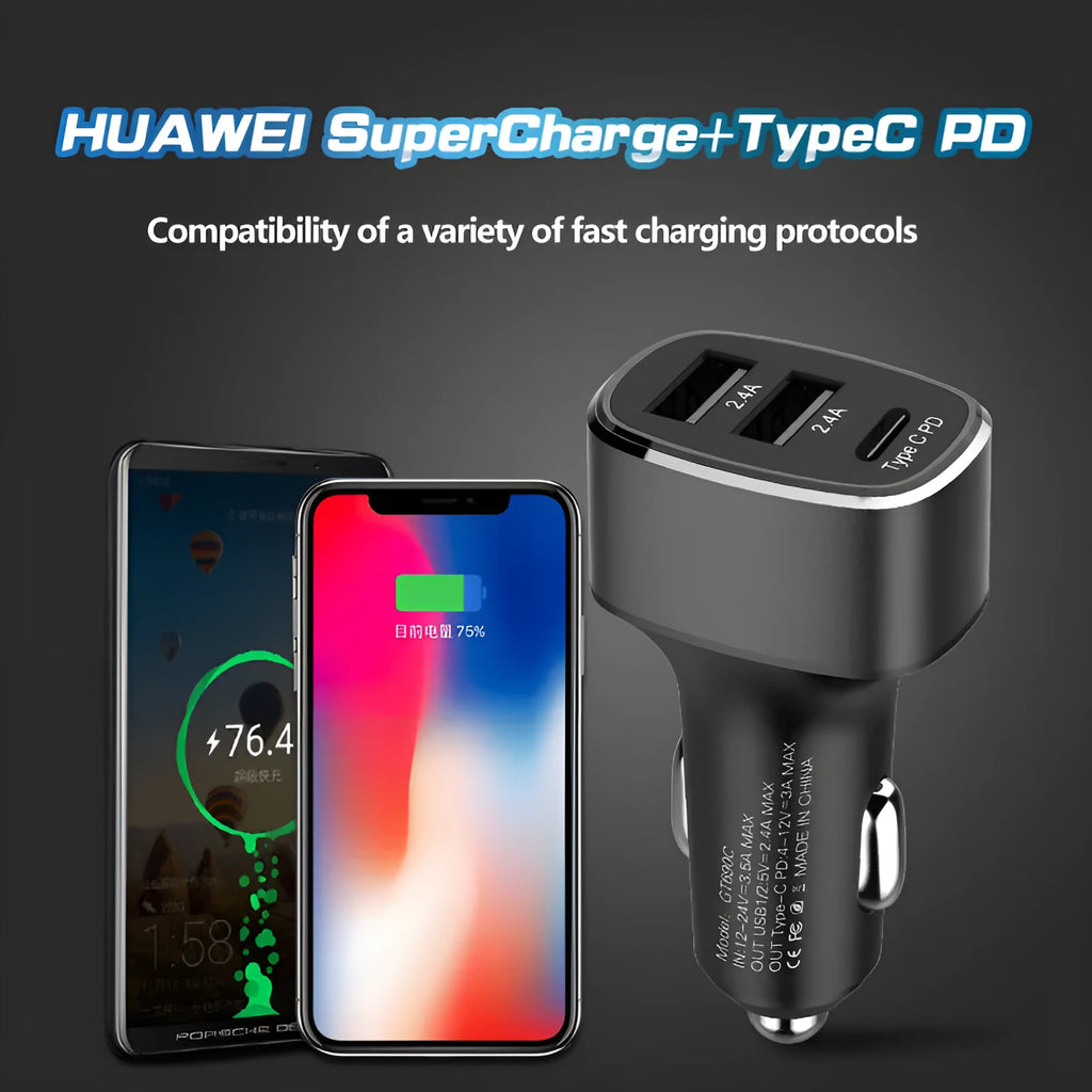 Car charger with dual USB and Type C ports, metal and PC construction, 12-24V fast charging