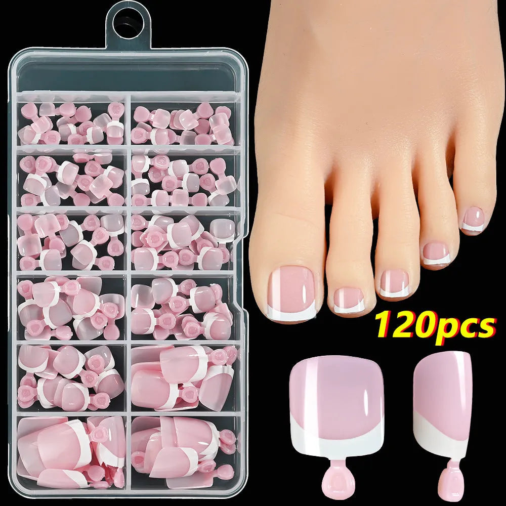 120 piece French white edge false toe nails in nude colours, full square short shape.