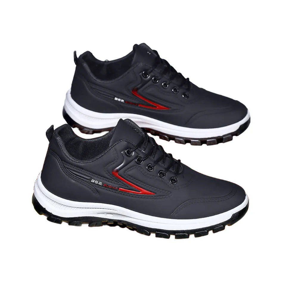 Student waterproof leisure soft bottom sports work shoes in black and gray, low-top lace-up design with artificial PU upper