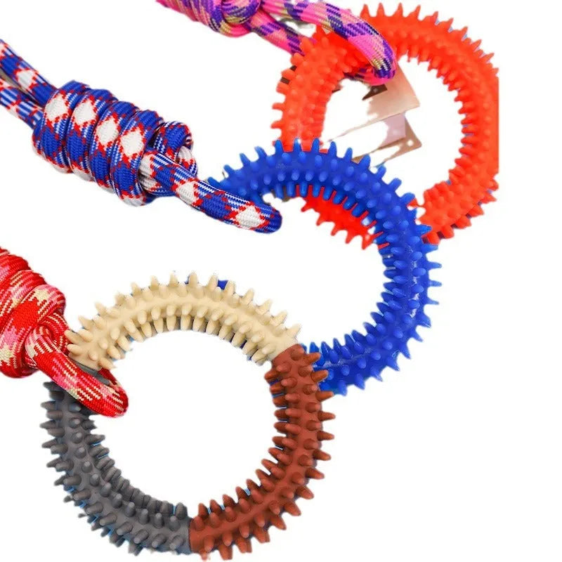 Blue bite resistant rope dog toy with interlocking knot design for teething puppies