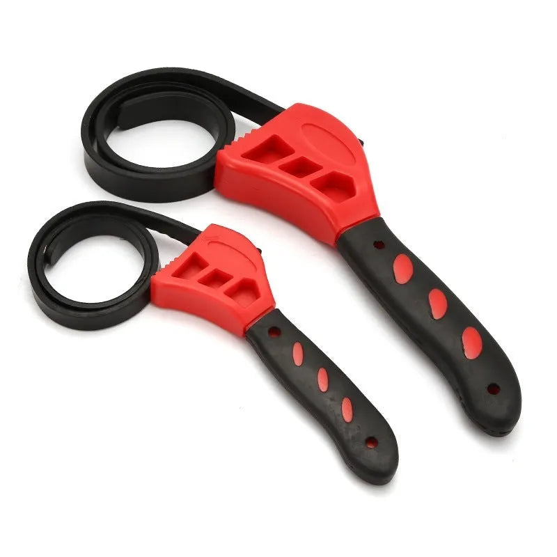 Adjustable rubber strap wrench with plastic handle, shown with 6-inch and 8-inch sizes for pipes and filters.