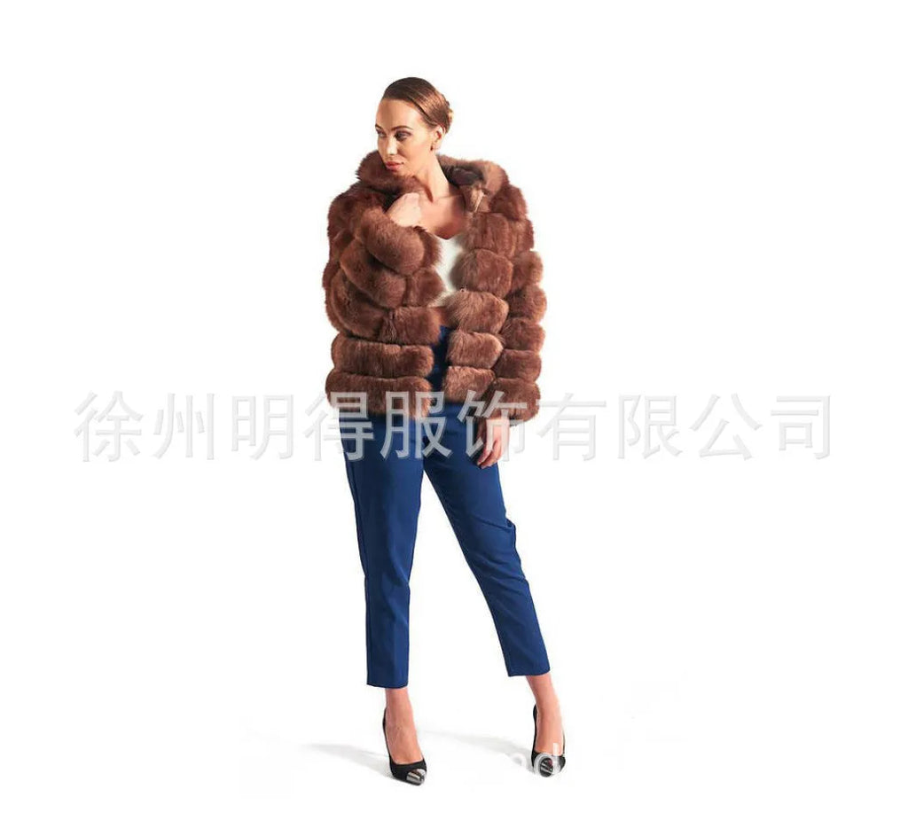 Women's artificial fur hooded coat in street fashion styling, medium length