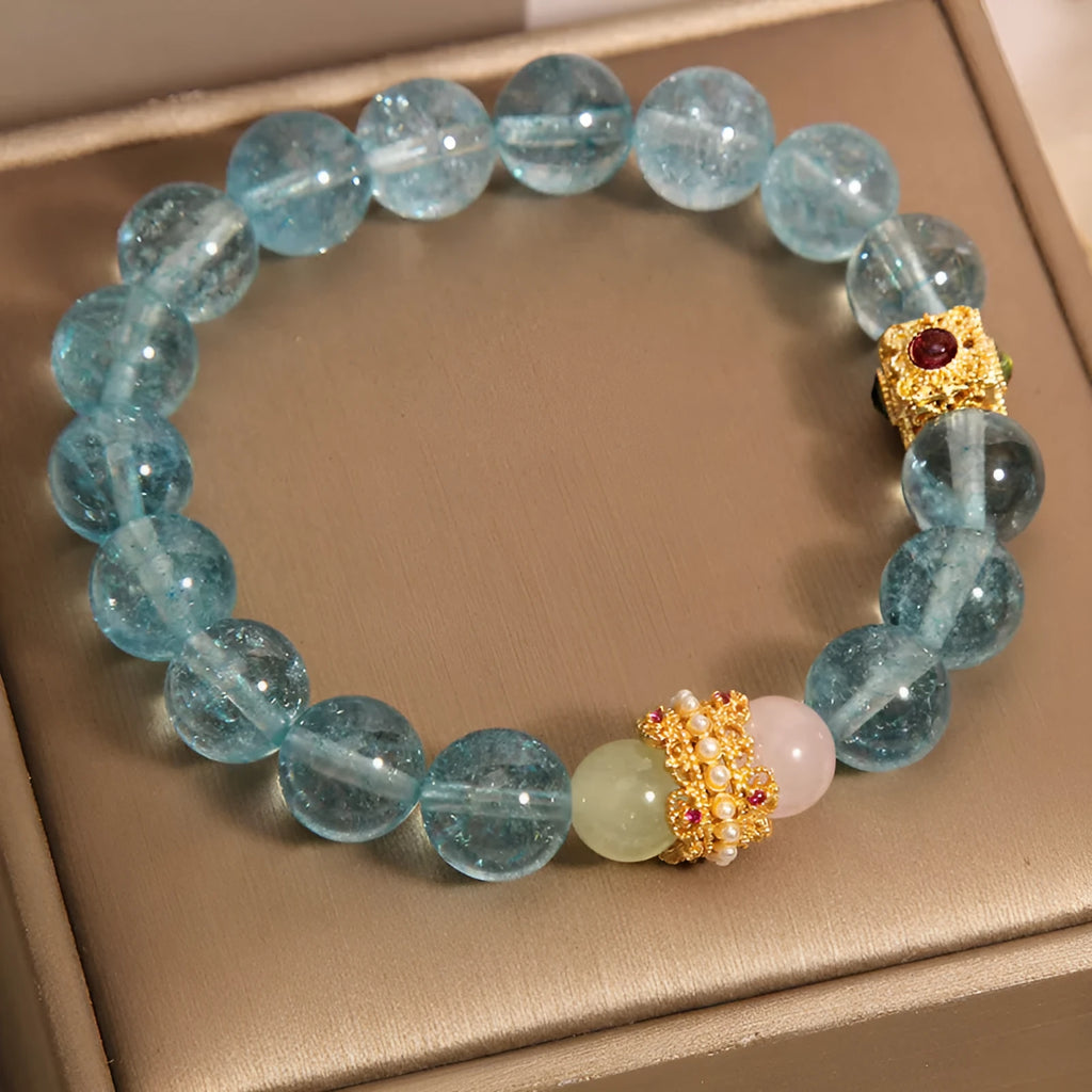 Blue crystal bracelet for women with natural cube sugar crystals and flexible ring in New Chinese style