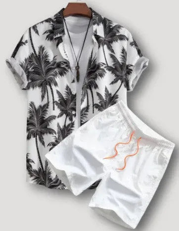 Men's beach style short sleeve shirt and shorts set in polyester fibre, size S to 4XL, multiple colours.