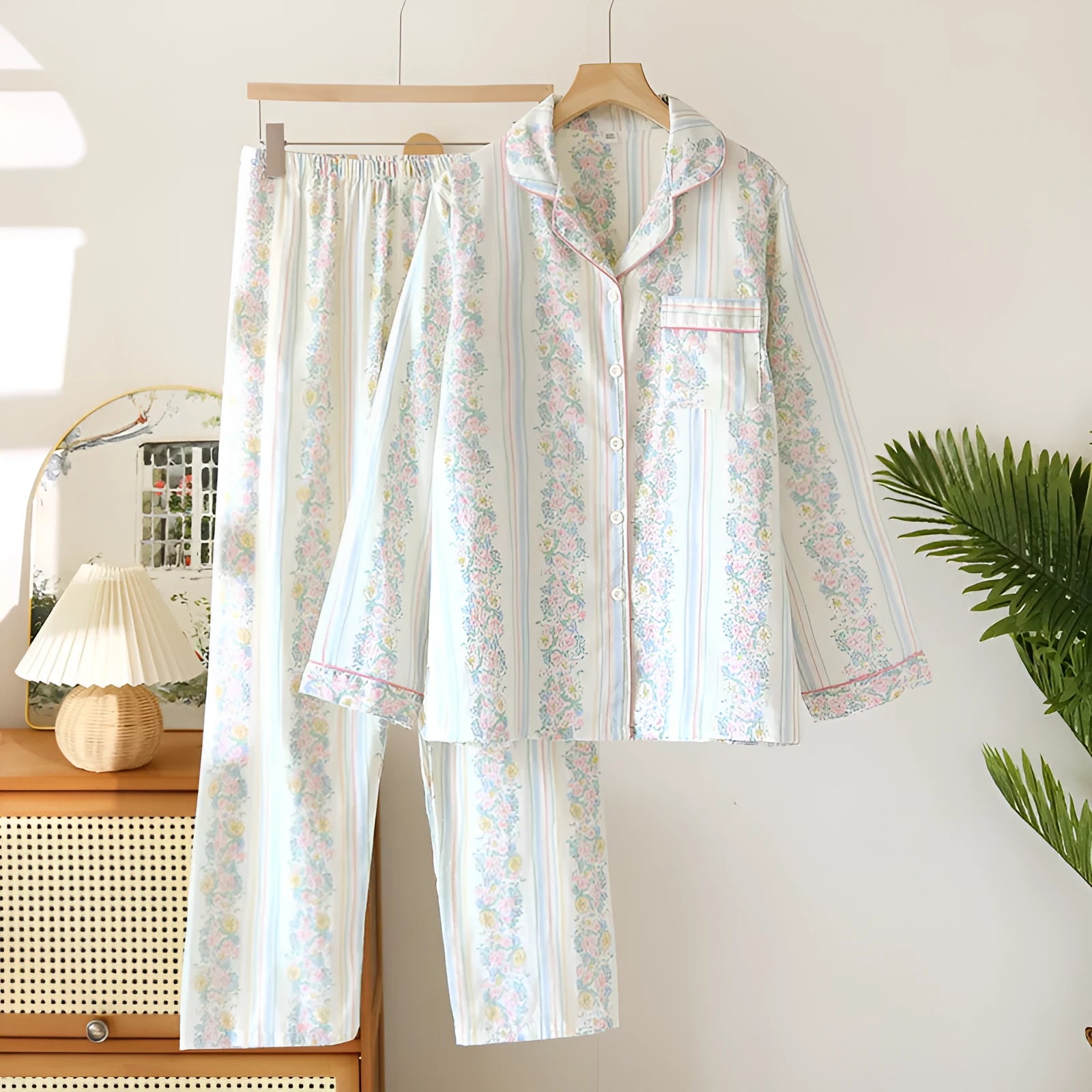 Japanese style cotton gauze homewear trousers set with long sleeves in colour stripes pattern