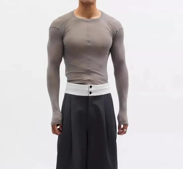 Black slim-fit women's mesh pullover with long sleeves and a see-through texture.