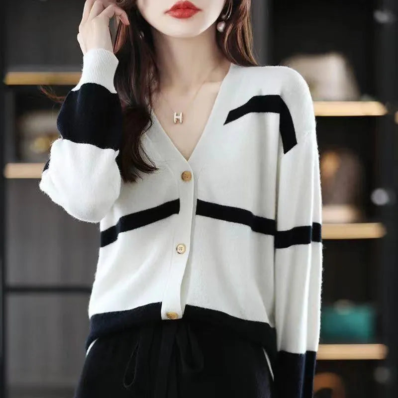 Women's slim fit striped knitted cardigan with V-neck and 3D pattern, shown in multiple colours.