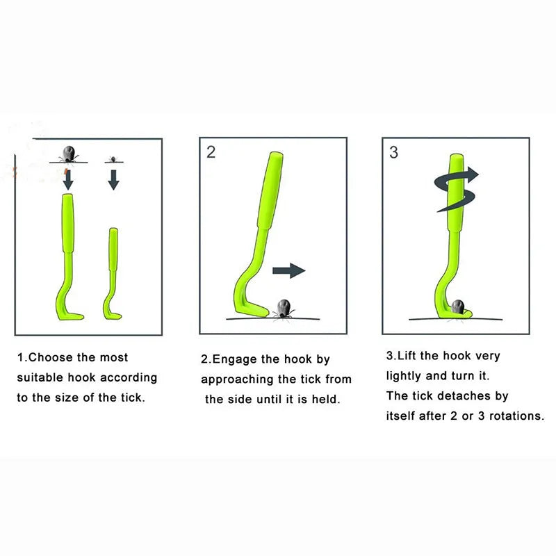 Blue and green plastic tick removal tools for pets with hook design