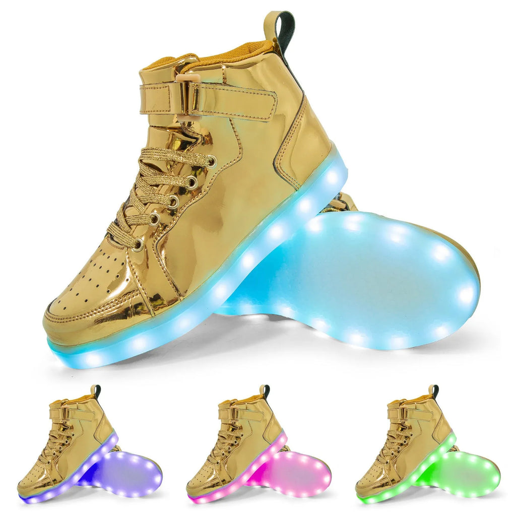 LED high-top light-up shoes in black with Velcro strap and rubber sole.