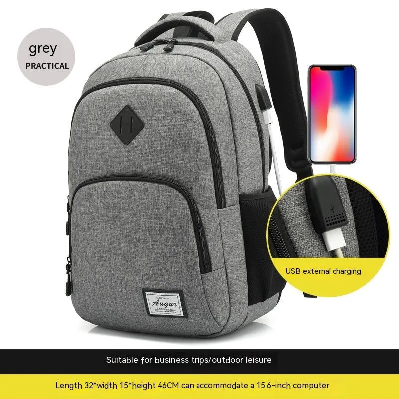 Grey nylon backpack with USB charging port and trolley case sleeve