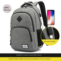 Grey nylon backpack with USB charging port and trolley case sleeve
