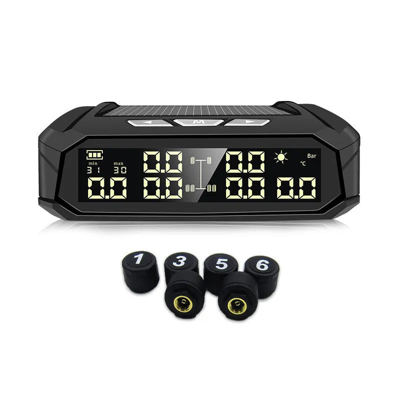 Solar-powered external tyre pressure monitor display unit with colour screen for six-wheel trucks